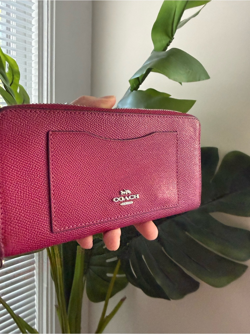 COACH Pebbled Leather Zip Wallet in Berry